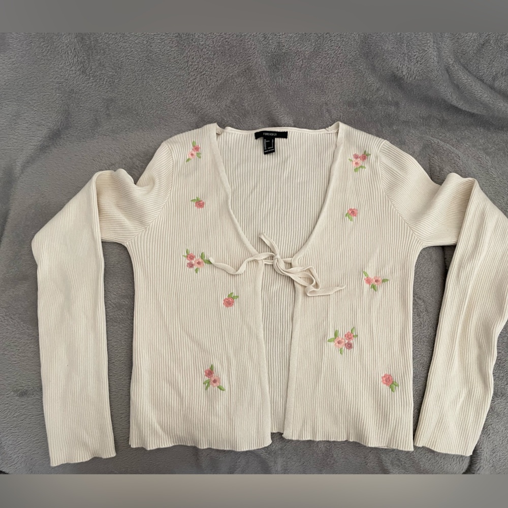 Forever 21 Cream Floral Tie-Front Cardigan